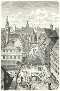 Uma rua em Nuremberga no século XV (gravura) de German School