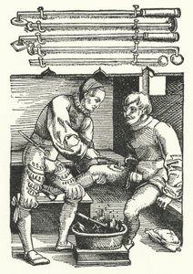 Um cirurgião que cauteriza uma ferida na perna de um soldado (gravura) de German School