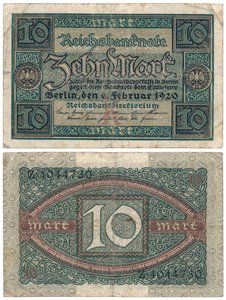 Uma nota de dez marcos, 1920 (recto e verso) de German School