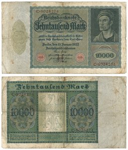 Uma nota de dez mil marcos, 1922 (reto e verso) de German School