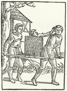 Uma xilogravura de uma cena da história de Till Eulenspiegel (gravura) de German School
