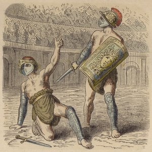 Um gladiador romano ferido implorando à multidão pela sua vida (gravura colorida) de German School