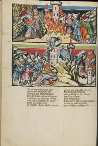 Iluminações Abimelech de Weltchronik Ms 33 fol. 137v, c.1400-10 (têmpera, tinta dourada e prateada, tinta em pergaminho) de German School