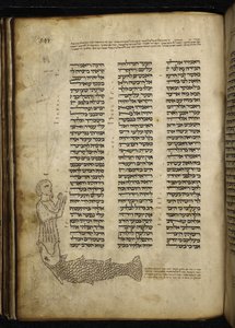 Acrescentar. 21160, f.292, Micrografia de Jonas a ser engolida pelos peixes, no texto de Jonas, o haftarah para o serviço da tarde de Yom Kippur (vellum) de German School