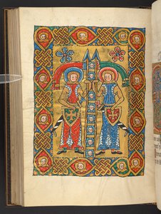 Acrescentar. 60629, f.84v Dois santos militares, com as cabeças dos outros (vellum) de German School