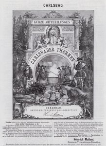 Anúncio para água mineral Mattoni e outros produtos do spa em Carlsbad (Karlovy Vary), Bohemia (gravura) de German School