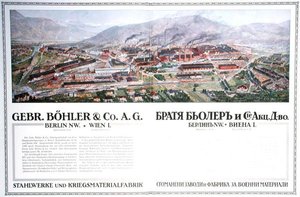 Anúncio para a fábrica de aço e armamento da empresa austríaca Gebr.Boehler & Co, de um almanaque búlgaro, c.1916 (cor litho) de German School