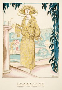 Am Brunnen, traje de Johanna Marbach, de Styl, pub.1922 (gravura em pochoir) de German School