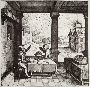 Um astrólogo lançando um horóscopo, cópia de uma ilustração de Utriusque Cosmi Historia de Robert Fludd, Oppenheim 1617, usada em uma História da Magia, publicada no final do século XIX de German School