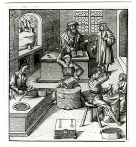 Uma casa da moeda europeia do início do século XVI, de Der Weisskunig (gravura) de German School