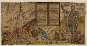 Um cartaz ilustrado que celebra a campanha de Francis Drake contra os espanhóis, ilustração de "Hier steh ich Drach in Engelandt" (caneta e tinta com lavagem sobre papel) de German School