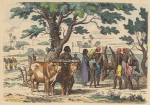 Antigo agricultor egípcio e caçadores (gravura colorida) de German School