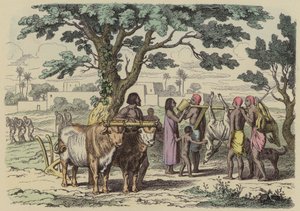 Antigo agricultor egípcio e caçadores (gravura colorida) de German School