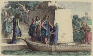 Anciã egípcia de alta patente a fazer um passeio de barco (gravura colorida) de German School