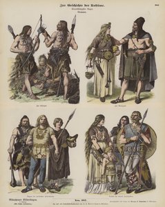 Antigos trajes germânicos (gravura colorida) de German School