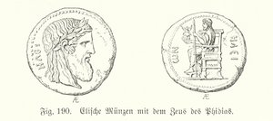 Moedas gregas antigas de Elis com imagens do Zeus de Phidias (gravura) de German School