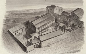 Casas gregas antigas em Moudleja, Síria. Ilustração para Bilder-Atlas (gravura) de German School