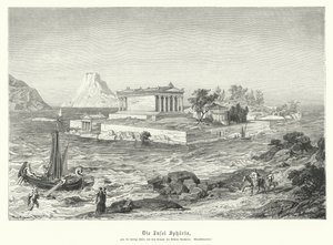 Antigo templo grego de Atena Apaturia na ilha de Sphairia (gravura) de German School