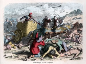 História Antiga. Pérsia. Carros de guerra com foices nas rodas. ... (gravura) de German School