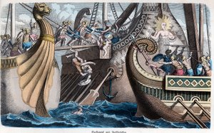 História Antiga. Roma. Embarque numa batalha naval ... (gravura) de German School