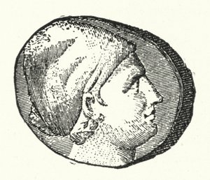 Moeda antiga mostrando a cabeça do poeta grego Antigo Sappho (gravura) de German School