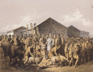 Animais a serem conduzidos para serem sacrificados na era clássica (litografia a cores) de German School