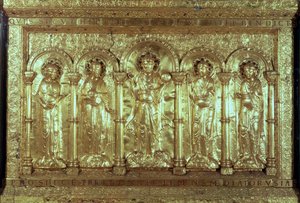 Antependium representando Cristo com os doadores a seus pés entre os Arcanjos Gabriel, Rafael e Miguel e São Bento (ouro) (ver também 162678) de German School
