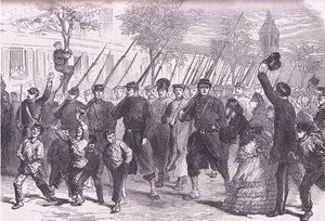 Chegada em Paris dos prisioneiros prussianos após a batalha antes de Bagneun, Cassells História da Guerra entre a França e a Alemanha publicada por Cassell and Company Limited, c.1890 (litho) de German School