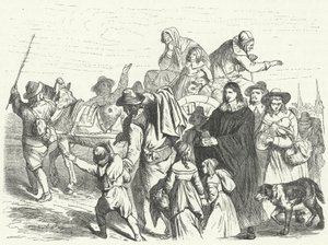Chegada dos imigrantes franceses Huguenot a Brandenburgo após o Grande Eleitor Frederick William emitir o Édito de Potsdam em 1685 (gravura) de German School