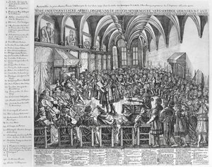 Assembléia dos Príncipes mais Ilustres da Alemanha, na Sala do Bispo, Augsbourg, na presença de Carlos V (1500-58) em 25 de junho de 1530 de German School