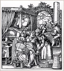 Astrólogos lançando um horóscopo para a criança nascer de uma mulher em uma cadeira de parto, de De Conceptu et Generatione Hominis, de Jacob Rueff, publicada em Frankfurt, 1587 de German School