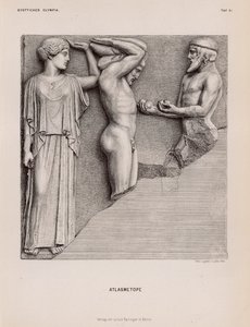 Atlas trazendo Heracles as Maçãs das Hespérides na presença de Atena, metopo do Templo de Zeus, Olímpia, Grécia (gravura) de German School
