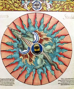 BT1.70.2 Um eclipse do sol, ilustração de Astronomicum Caesareum por Peter Apian (Bennewitz) (1495-1552) bar. em Ingolstadt, 1540 (xilogravura colorida) de German School