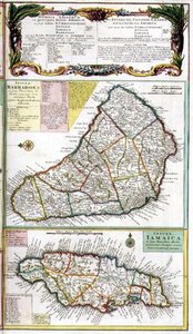 Barbados e Jamaica, detalhe de um mapa de colônias inglesas nas Caraíbas, bar. por Homanns herdeiros, Nuremberg, c.1750 (detalhe de 101836) de German School