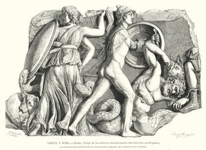 Batalha entre os Deuses e Titãs e gigantes, Antigo alívio grego de Pergamon (litho) de German School