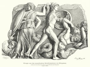 Batalha entre os Deuses e Titãs e gigantes, Antigo relevo grego de Pergamon (gravura) de German School