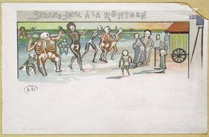 Idílio de praia em estilo de Röntgen, desenhos animados sobre raios-x, c.1896-99 (gravura de cor) de German School