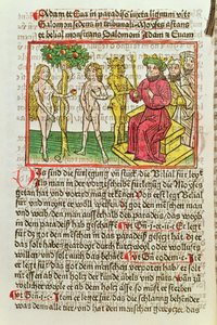 Belial Apresentando Adão e Eva para Salomão, ilustração de uma tradução alemã de Das Buch Belial, 1473 (xilogravura colorida) de German School