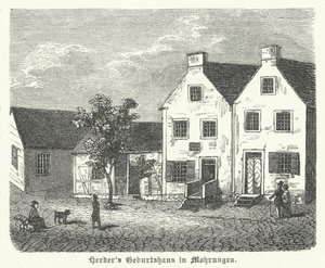 Berço do autor, filósofo e teólogo luterano alemão Johann Gottfried von Herder, Mohrungen (gravura) de German School