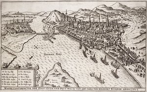 Buda e Peste sitiada pelos cristãos em 1602, ilustração de um livro sobre as campanhas otomanas na Europa, gravado por Paul Furst (c.1605-66) de German School