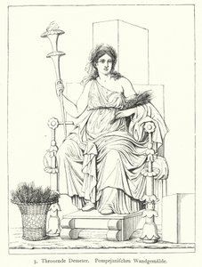 Ceres, deusa romana da colheita, entronizada, pintura mural de Pompéia (gravura) de German School