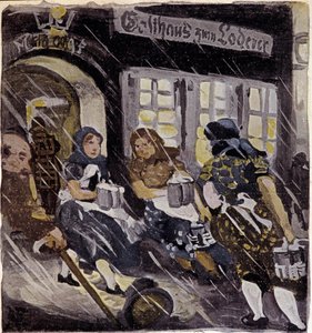 Personagens no terraço da Cervejaria Max Feldbauer sob a neve, Munique (Munchen), Alemanha. Gravura a partir de 1905. Paris, Artes Decorativas de German School