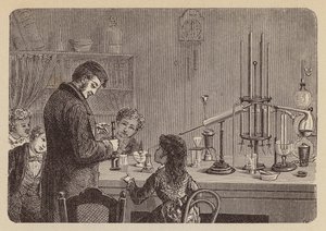 Crianças a observar uma experiência científica (gravura) de German School