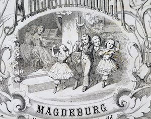 Cena de dança infantil, detalhe da página de rosto da coleção de músicas e danças para crianças publicadas em Magdeburg. Alemanha de German School
