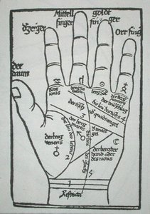 Chiromantic hand, ilustração de "Physiognomonia" de B. Cocles, publicado em Estrasburgo de German School