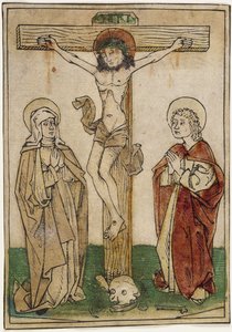 Cristo na cruz com Maria e São João, c.1470-80 (xilogravura colorida à mão em pergaminho) de German School