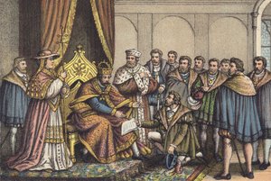 Christian Bayer lendo a Confissão de Augsburg (chromolitho) de German School