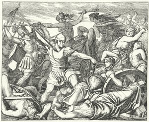 Mulheres cimbrianas defendendo seu trem de bagagem contra o ataque aos soldados romanos, no final do século II d.C. (gravura) de German School