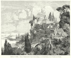 Litoral da Baía de Nápoles da antiga cidade romana de Baiae, Cabo Miseno, com o Vesúvio à distância (litho) de German School