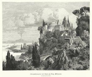 Litoral da Baía de Nápoles da antiga cidade romana de Baiae, Cabo Miseno, com o Vesúvio ao longe (gravura) de German School